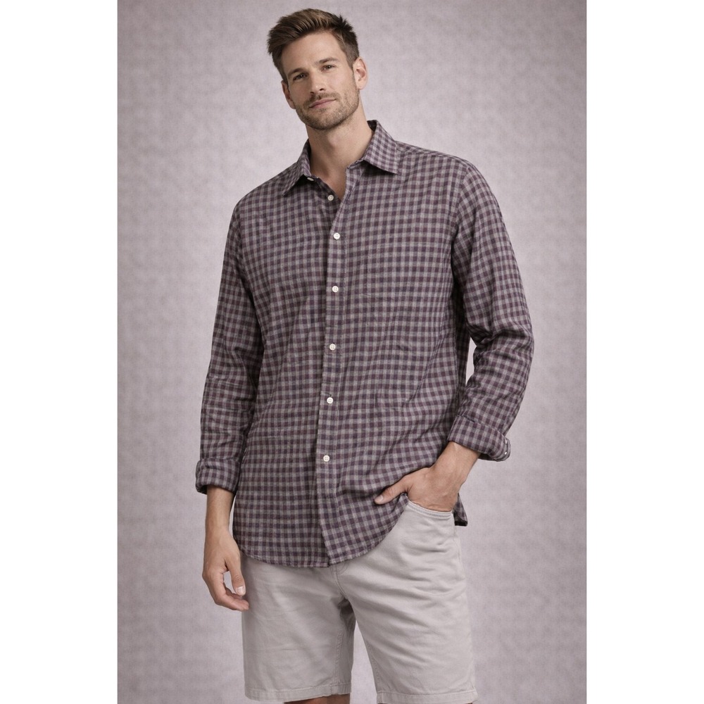 PETER MILLAR Button Down Shirt Mens XXL Burgundy Gray Check Long Sleeve
